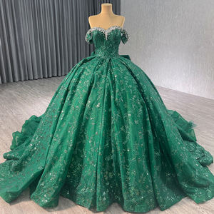 فساتين كوينسيانيرا بتصميم الكرة باللون الأخضر الداكن مع كريستالات وأكتاف مكشوفة وطول يصل إلى الأرض Rsm241043-2 - Product Image 1