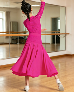 Conjunto de leotardo de encaje magenta <span class=keywords><strong>para</strong></span> baile latino con falda, de gran vuelo, de malla, <span class=keywords><strong>para</strong></span> <span class=keywords><strong>tango</strong></span>, samba, vals, vestido de escenario <span class=keywords><strong>para</strong></span> niñas - Product Image 4