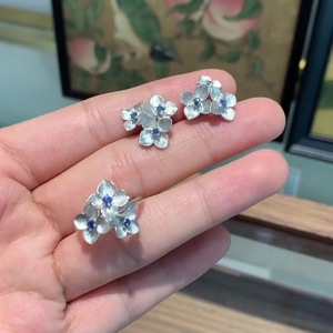 S925 Pure Silver Three-Dimensional Brushed Blue Embroidered <b>Ball</b> Flower Ring Earrings <b>Chinese</b> Style Fine Jewelry Set - Product Image 5