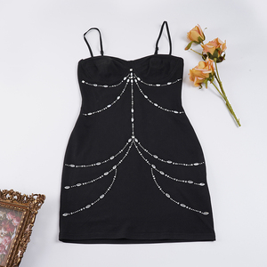 Sexy Women Black Bodycon Mini Dress with Rhinestone Crystal Chain <b>Spaghetti</b> <b>Strap</b> Club Party Night Out Dress - Product Image 6