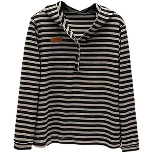 Women's Striped Long Sleeve T-Shirt Stand Collar Loose Fit Autumn Base Layer Hooded Design Inner Wear Plus Size - Product Image 5