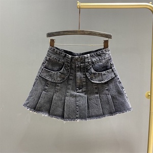 <span class=keywords><strong>Jupe</strong></span> plissée en jean pour fille, taille élastique, style vintage, coupe trapèze, ourlet brut, courte, pour le printemps et l'été - Product Image 2