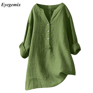 Camicia Larga in Cotone e <span class=keywords><strong>Lino</strong></span> Tinta Unita Stile Europeo e Americano con Tasche, <span class=keywords><strong>Abbigliamento</strong></span> <span class=keywords><strong>Donna</strong></span> - Product Image 1
