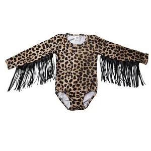 Body en coton imprimé léopard pour bébé fille, grenouillère avec pompon et franges en cuir noir, vente en gros