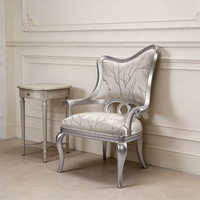 Sillón de Estilo Vintage Francés con Acabado Plateado, Sillón Tallado con Patrón de Árbol, Tapizado en Tela, para Sala de Estar u Hotel
