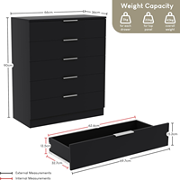 Lemari Laci Kayu 5 Laci Hitam Kompak Hemat-Ruang Unit Penyimpanan Kamar Tidur 90Tx66Px36Dcm Anti-Lengkung Modern Perak