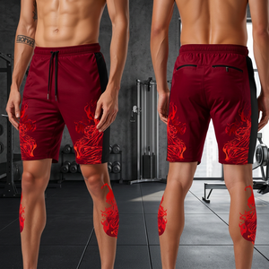 Shorts de performance de luxe pour hommes, rouge foncé, imprimé évasé, avec fermeture éclair, séchage rapide, respirant, en tissu athlétique léger, Modern Energy - Product Image 2