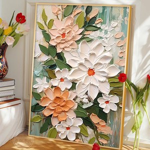 Pintura Floral en Lienzo, Marco Rectangular Blanco, Decoración de Pared para Sala de Estar, Fondo de Sofá - Product Image 3