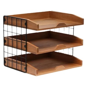 Wooden And Wrought Iron File Storage Box 3 Tier <b>Desktop</b> Organizer For Office Supplies Walnut Black Rectangle Standing Type - Product Image 4