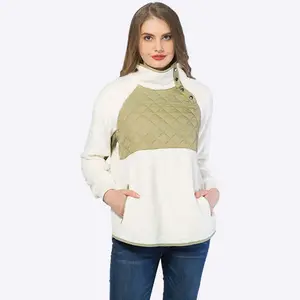 Custom White Fleece Women's Warm Long Sleeve Pullover hoodie Patchwork Casual Fall Winter Quilted Sweatshirt