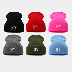 New NY Embroidered Ski Hat - Autumn &amp; Winter Slouchy Knit Hat, Letter Woolen Hat, Unisex <strong>Beanie</strong> with <strong>Pom</strong>-<strong>Pom</strong> - Product Image 1