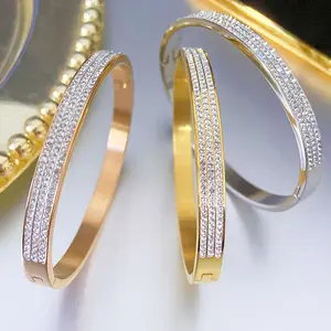 New Open Gold Cuff Bangle 18K Gold PVD Plated Stainless Steel diamond Bangle Three Line Zircon Inlaid Bracelets For Women
