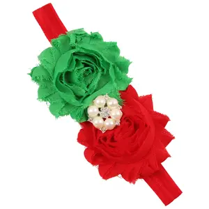 Hot Koop Mooie Elastische Chiffon Bloemen Haarband Pasgeboren Rood Groen Kerstvakantie Shabby Bloem Parel Hoofdband