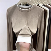 Nueva Camiseta Interior de Manga Larga con Cuello Redondo para Mujer, Diseño de Dos Piezas en Color de Contraste, de Forro Polar Autocalentable, para Primavera, Otoño e Invierno