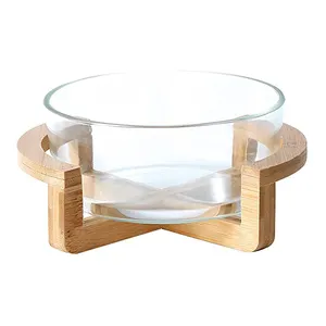 Customized Wholesale 2500ml Fruit Glass Salad Bowl Set With Wooden Stand Base