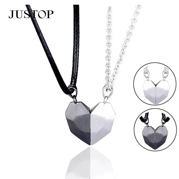 Trendy Couple Sisters Black White Initial Leather Chain Alloy Magnet Heart Pendants Necklaces Women Men Fashion Jewelry