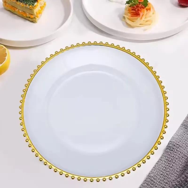 Avrupa tarzı özelleştirilmiş boyutu sofra temizle beyaz cam yemek tabakları yuvarlak cam tabak tabaklar temizle cam altın boncuklu plakalar