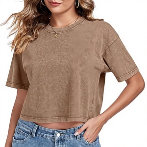 Haut court d'été ample à col rond et manches courtes pour femme, 100 % coton 220 GSM, délavé à l'acide, avec fonction anti-rétrécissement - Product Image 3