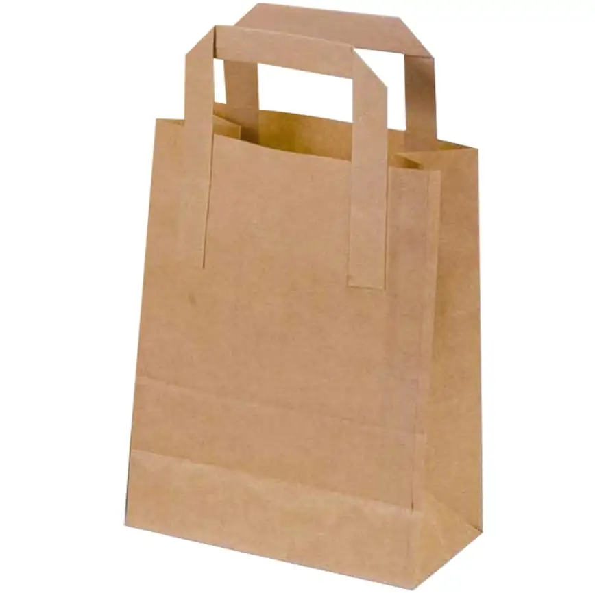 ถุงกระดาษคราฟท์สีน้ำตาลพิมพ์ลายโลโก้แบบกำหนดเองถุงของขวัญพร้อมที่จับสำหรับจัดส่งอาหาร