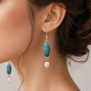 Eleganti Orecchini Pendenti con Pietra Verde Oceano e Perle, Orecchini Creativi a Goccia per Donne - Product Image 2