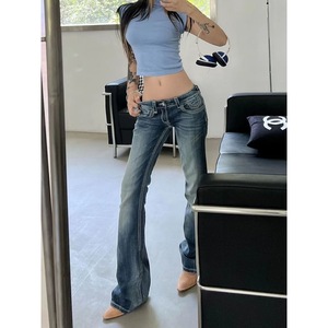 Women's Vintage Washed Flare Jeans Low Waist <b>Stretch</b> <b>Denim</b> Boot Cut Pants Casual Streetwear - Product Image 4
