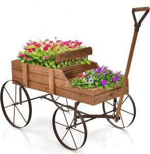 Petit chariot de jardin décoratif avec roues en métal lits surélevés en bois support de pot de plantes pour l'emballage de carton de patio de jardin d'arrière-cour - Product Image 1