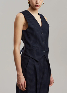 <span class=keywords><strong>Chaleco</strong></span> de Traje a Rayas Azul Marino a Medida, <span class=keywords><strong>Chaleco</strong></span> Formal con Cierre de Botones y Cinturón Ajustable - Product Image 5