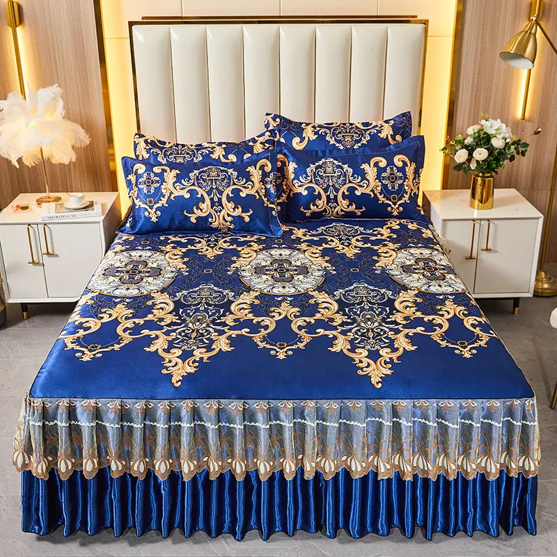 Cama de seda gelo com rendas, parsiana estilo mar de flores de linho 2 travesseiros + saia de cama queen king size