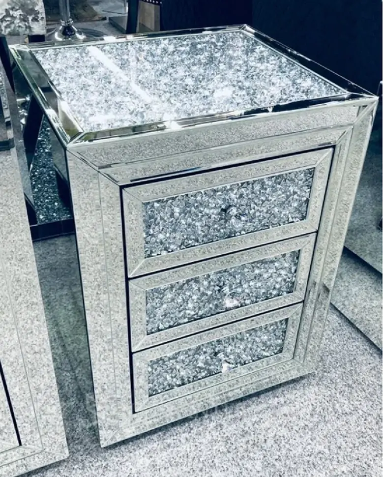 Bedroom Furniture 3 Drawer Bedside Table Silver Mirror Crushed Diamond Nightstand for Home Hotel