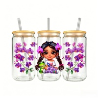 Autocollant de transfert UV DTF personnalisé pour gobelet, motif dessin animé fille, drapeau de Porto Rico, imprimé floral, étanche, pour ornement de verre et de tumbler