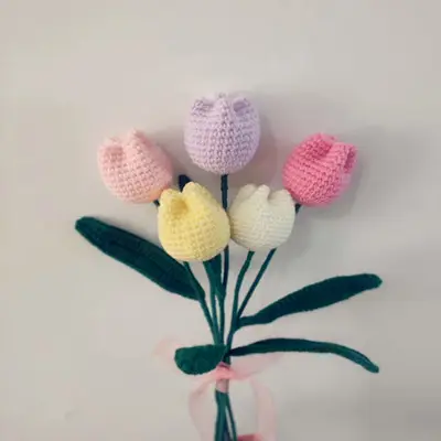 K66 Knitted Tulip Artificial Flowers Handmade with Stems Fake Flowers Table Bouquet Centerpiece for Home Decor