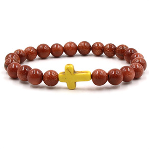Bracciale Trendy con Charm Croce di Gesù per Uomo, Perline in <span class=keywords><strong>Pietra</strong></span> Dorata 8mm, Bracciali e Bangles per Donna, Gioielli Yoga - Product Image 5
