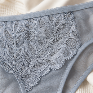 Braguitas de encaje para mujer, gris Morandi y azul niebla, de talle medio, con diseño de hoja en V, tejido de punto, con refuerzo de malla transpirable de elastano/nailon, elegantes - Product Image 6