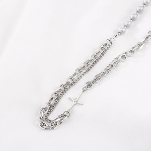 European American Style Double Layered <b>Titanium</b> Steel Necklace With Star Pendant And Beads For Party Wear - Product Image 3