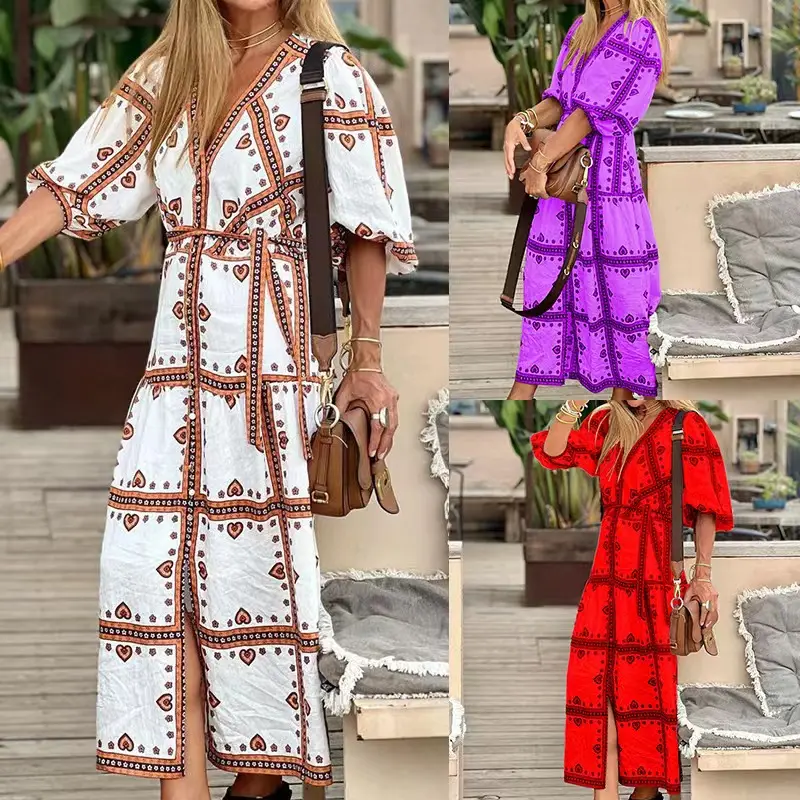 W 2023 Summer new arrival fashion Bohemian single-breasted printed beach dress African time dress for women