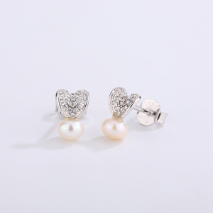 Elegant Copper Heart Freshwater Pearl Dangle Earrings Luxury Zircon Jewelry for Women Wedding Bridal <b>Gift</b> - Product Image 2