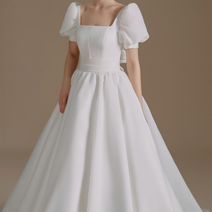 Jancember RL023 Princess Satin Puff Sleeve Square Collar A-line Bridal Wedding Gowns Dresses - Product Image 2