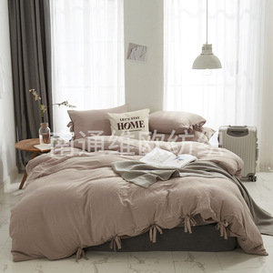 Soft Breathable Solid Color Polyester Wrinkle Resistant Washed Fabric Bed Skirt Bedding 3 Piece <b>Set</b> With Bow Tie Craft - Product Image 6