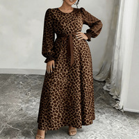 Robe Abaya Maxi Musulmane R-883 Premium Faite à la Main, Vêtement Islamique de Prière Modeste à Manches Longues Imprimé Léopard, Style Dubaï