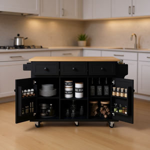 Isola da Cucina Moderna Nera con 3 Cassetti e 6 Ripiani, Carrello in Legno di Gomma con Scaffali Interni e Ruote - Product Image 2