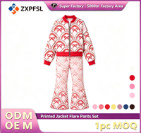Ensemble décontracté personnalisé en gros, veste bomber zippée imprimée et pantalon évasé, vêtements ODM OEM, MOQ 1 pièce