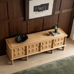 Rustic Oak Wood <b>TV</b> <b>Stand</b> with Embossed Panel Doors, Low Profile Media Console for Living Room - Product Image 6