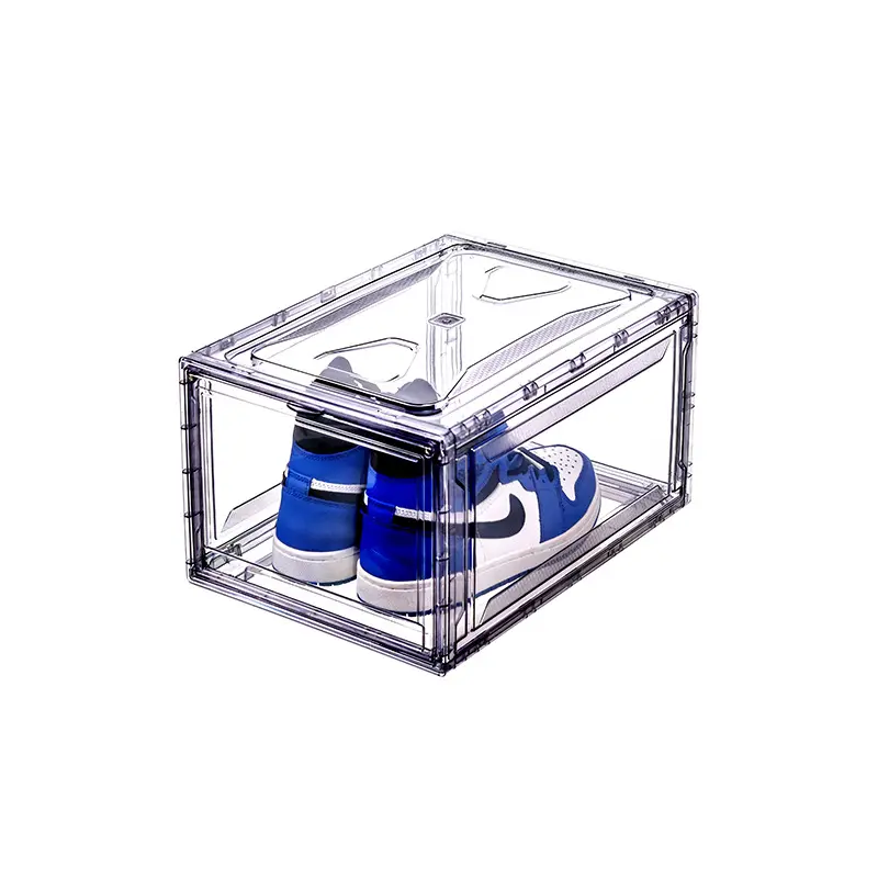 Acrylic clear giant shoe case sneaker storage box transparent stackable magnetic shoe boxes drop front black shoe boxes