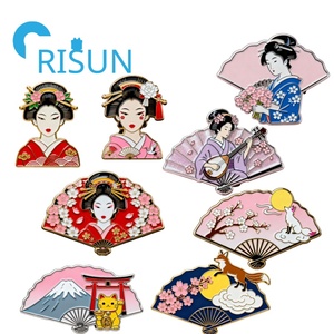 Broches en alliage de zinc en gros, style japonais, motif kimono, éventail, <span class=keywords><strong>geisha</strong></span>, broches personnalisées en métal, émail japonais, fille <span class=keywords><strong>geisha</strong></span>, broche épinglette - Product Image 1