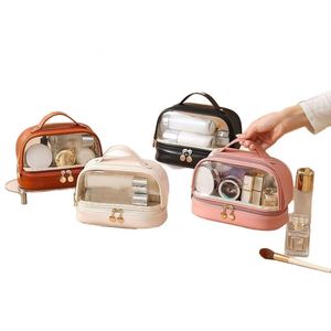 Large Capacity Double Layer Transparent PVC Toiletry Bag Skin Care Storage Soft PU Leather Cosmetic Bag With <b>Makeup</b> Brush <b>Holder</b> - Product Image 1