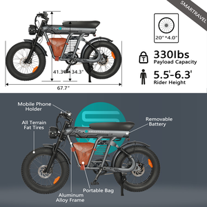 Bicicleta Eléctrica Todoterreno de Alta Resistencia con Llantas Gruesas, Motor de 6 Velocidades en el Buje Trasero, Amortiguador, 1200W, Sin Escobillas, JYOP-ZM21, Aluminio - Product Image 6