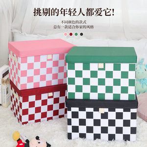 Checkerboard <b>Storage</b> <b>Box</b> Cotton <b>Linen</b> Fabric Extra Large Foldable Clothing Organizer Rectangle Shape Household Use - Product Image 4