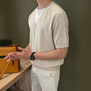 T-shirt en tricot à manches courtes et col en V pour homme, couleur abricot, MLXL2XL, vêtements décontractés pour jeunes - Product Image 4