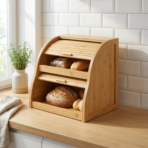 Boîte à <span class=keywords><strong>pain</strong></span> en bambou à double ouverture, côtés incurvés, deux niveaux, portes tambour, grande armoire de rangement alimentaire pour comptoir, Pro, Nouveau - Product Image 2