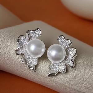 22467 Argent 925 Accessoires de perles DIY Boucles d'oreilles fines à clous Perles de 9-11 mm Support vide Pétale Bijoux en argent 925 - Product Image 1